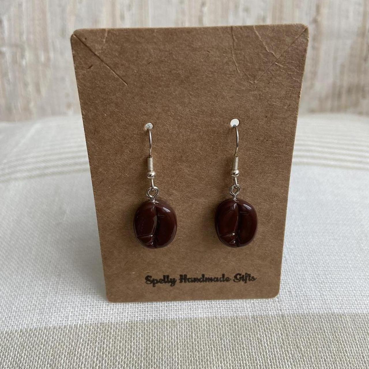 Coffee Bean Drop Dangle Earrings With Silver - Image 3