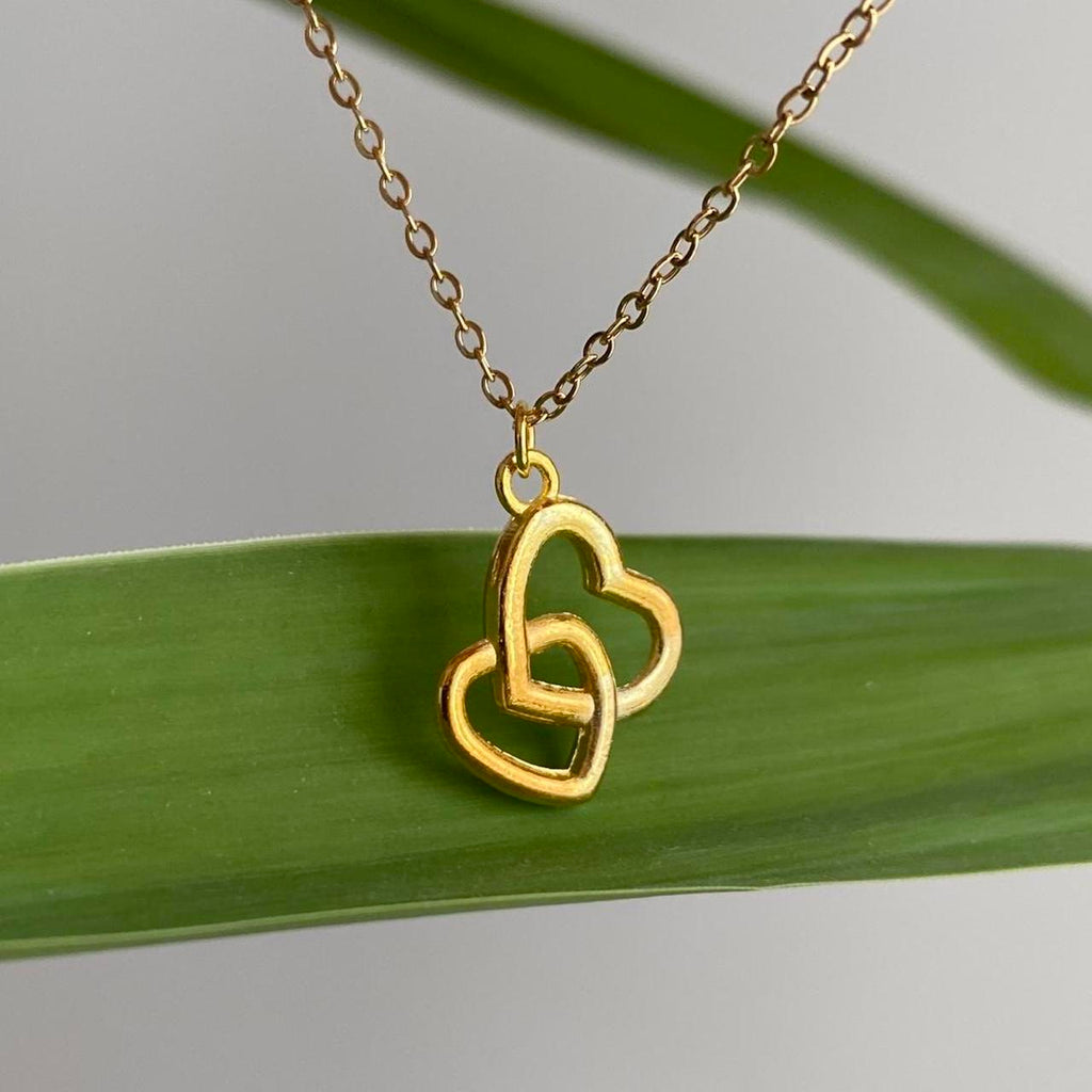 Gold Two Locked Hearts Pendant Chain Necklace 18