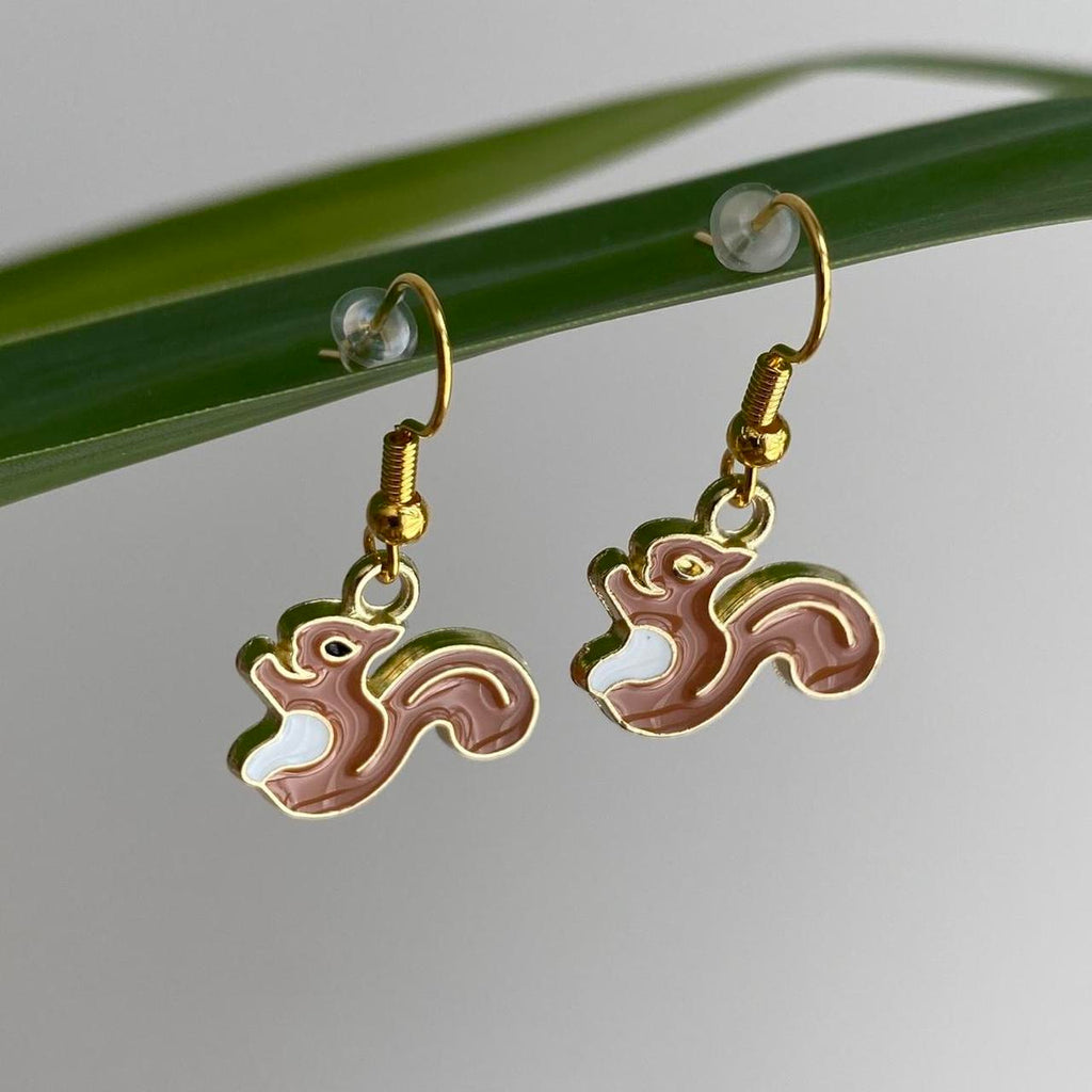 Light Brown Squirrel Enamel Dangle Earrings With