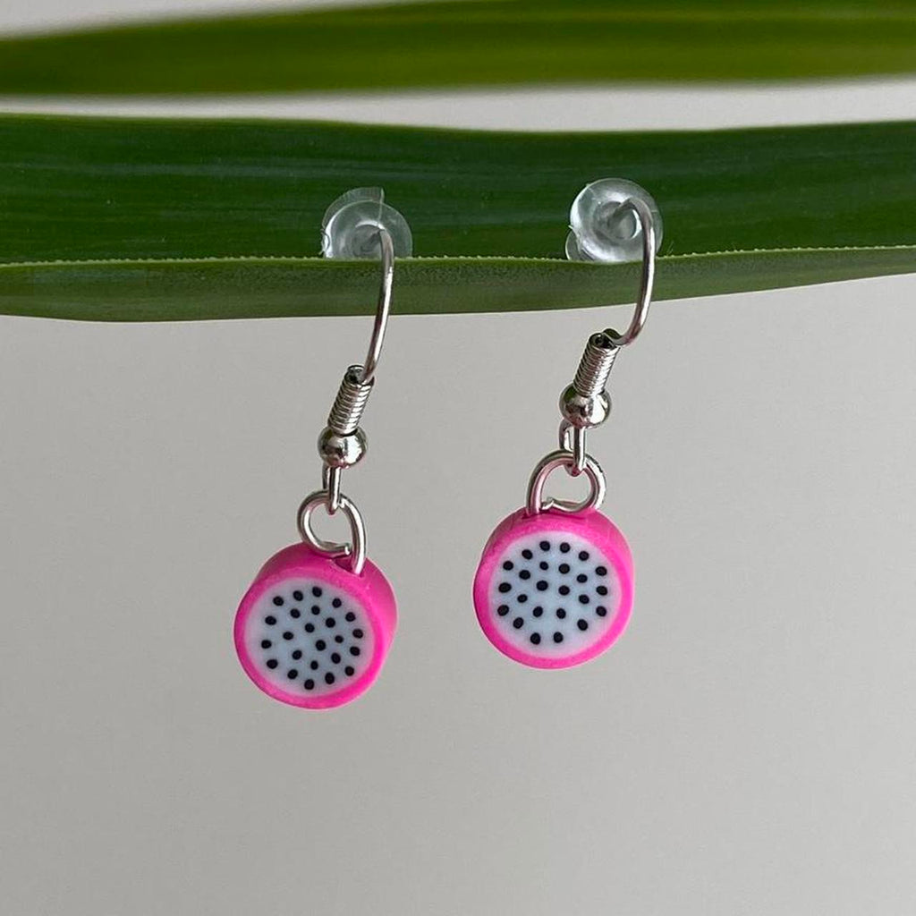 Pink Dragonfruit Polymer Clay Dangle Earrings With