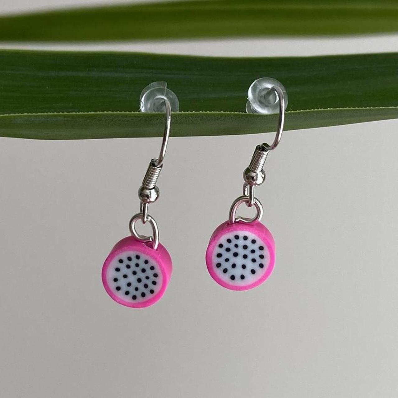 Pink Dragonfruit Polymer Clay Dangle Earrings With