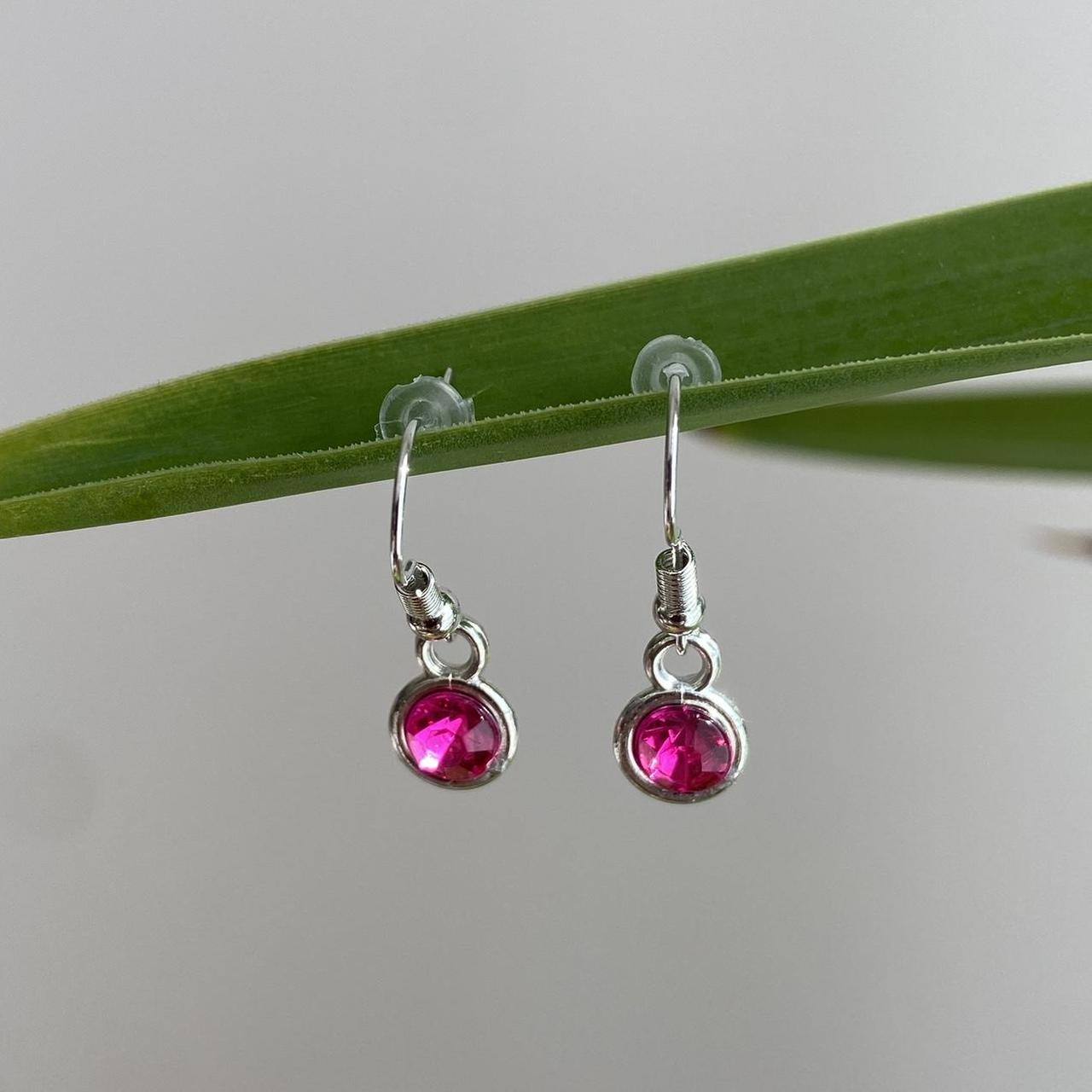 Magenta Pink Gem Dangle Earrings Silver Accents - Image 3