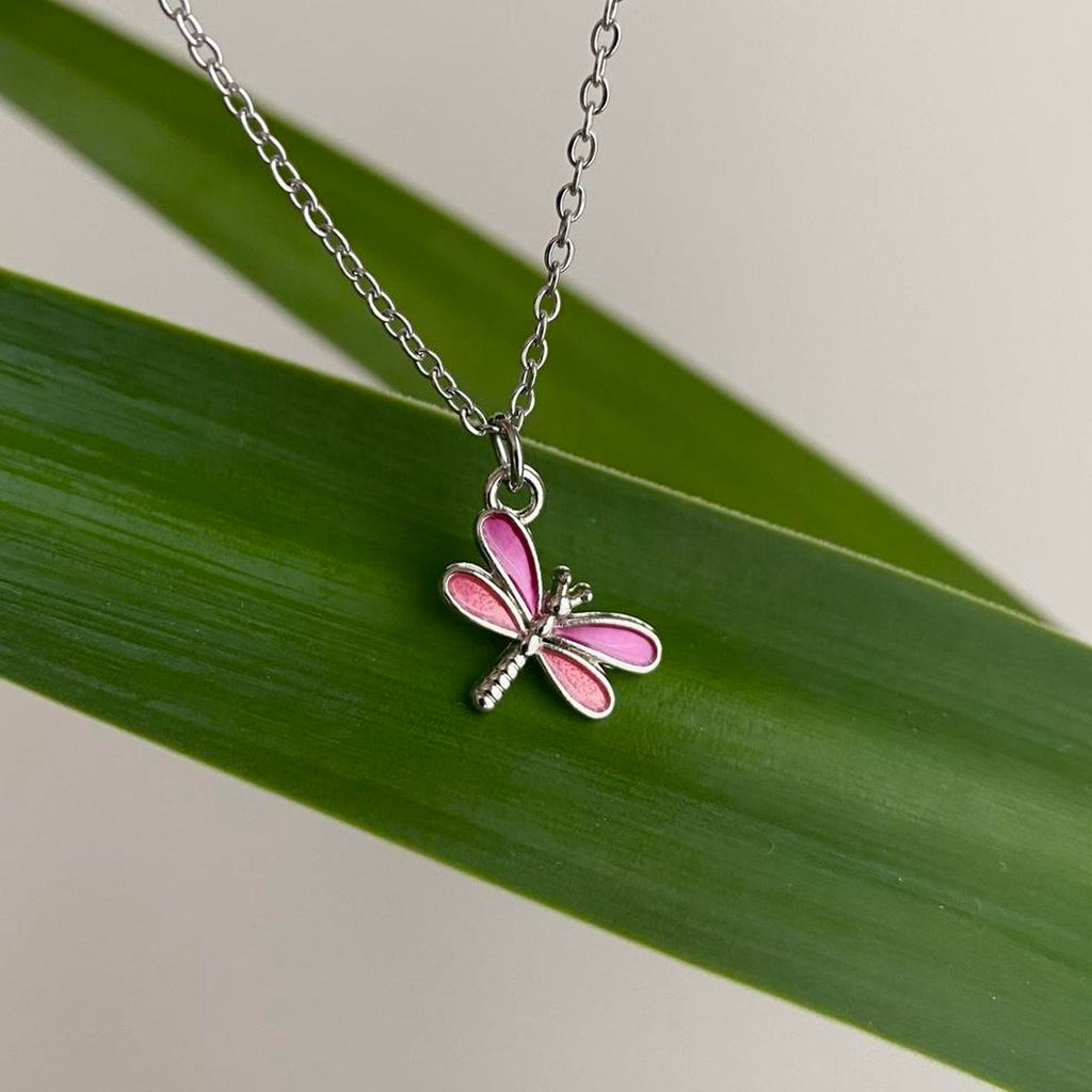 Pink Enamel Dragonfly Pendant Chain Necklace With - Image 5