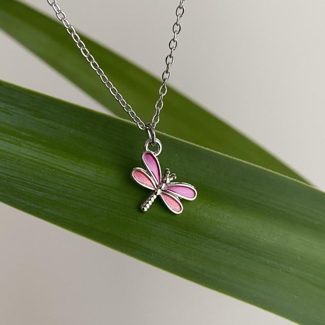 Pink Enamel Dragonfly Pendant Chain Necklace With - Image 5
