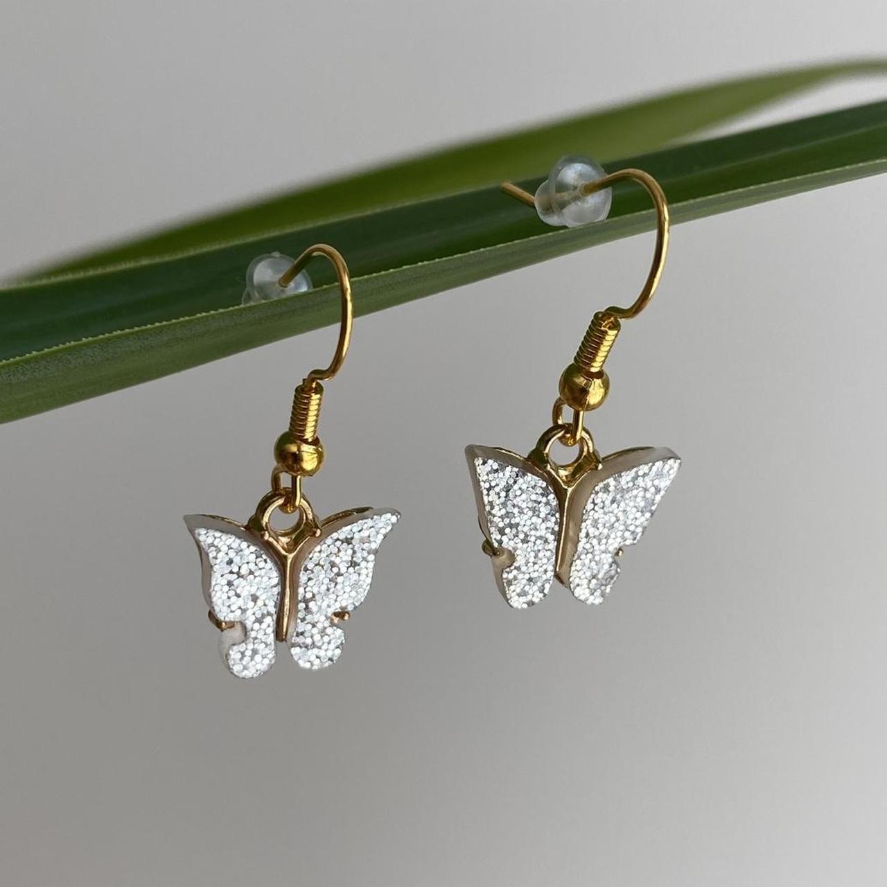 Silver Sparkle Butterfly Dangle Earrings With Gold - Image 2