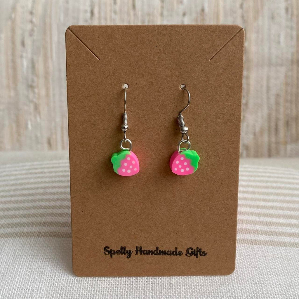 Pink Strawberry Fruit Polymer Clay Dangle Earrings - Image 3