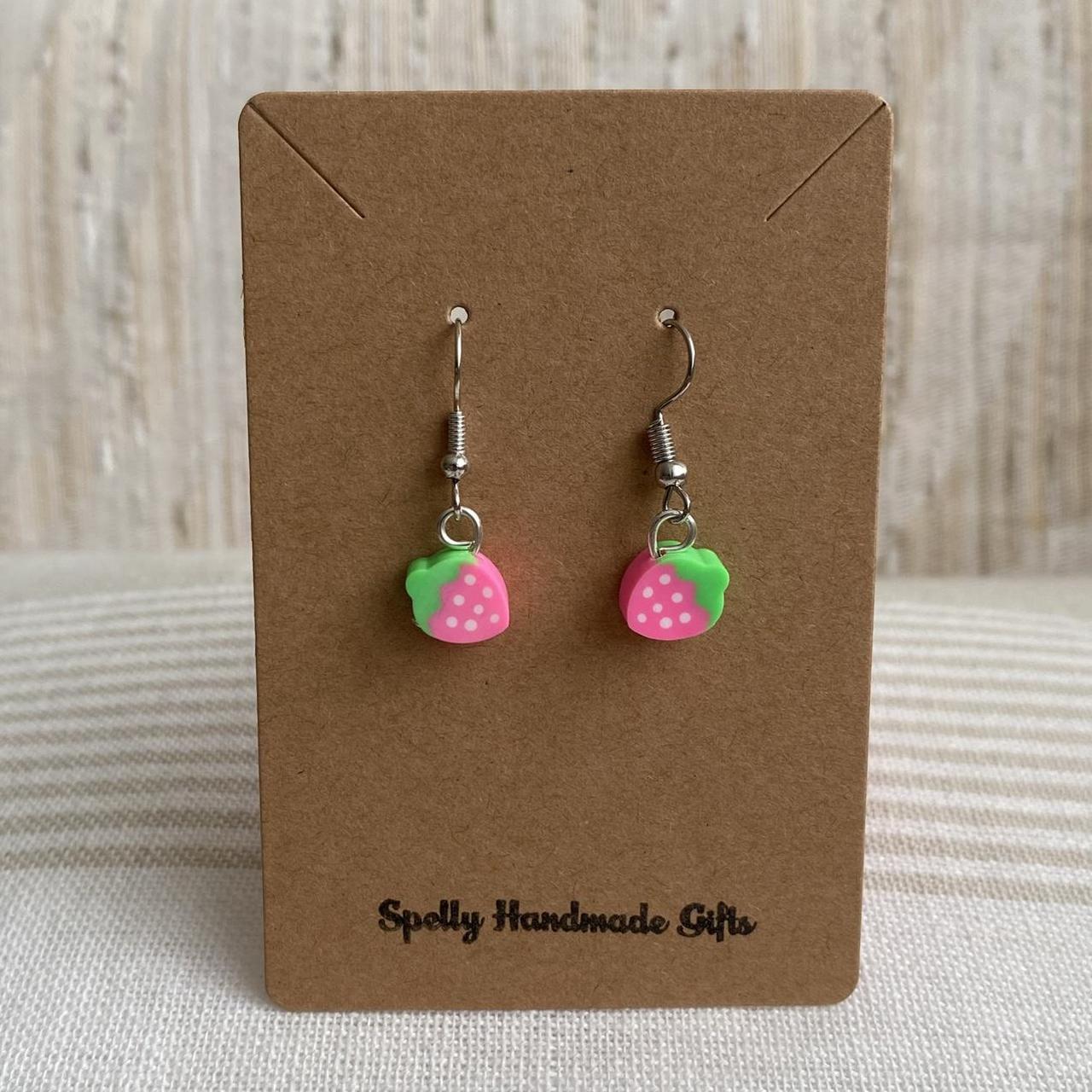 Pink Strawberry Fruit Polymer Clay Dangle Earrings - Image 3