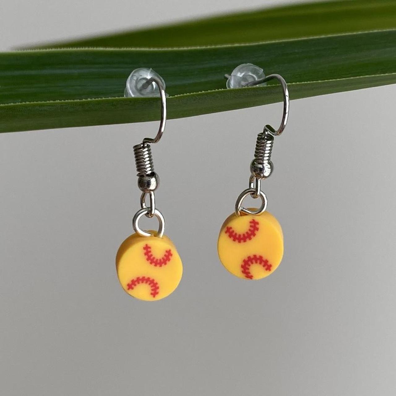 Softball Polymer Clay Dangle Earrings With Silver