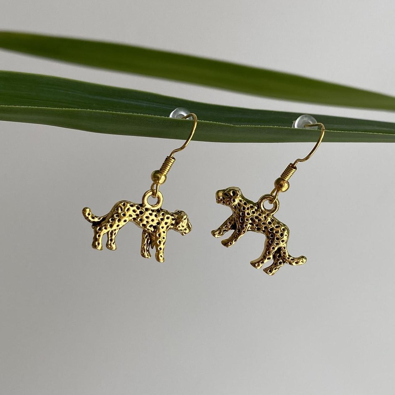 Gold Leopard Dangle Earrings Hand Made Pendant - Image 3