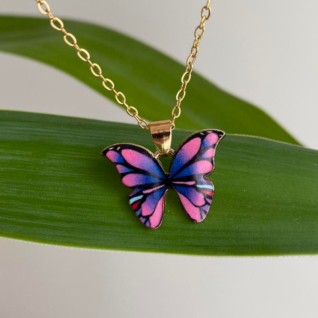 Pink And Blue Purple Butterfly Enamel Pendant Chain