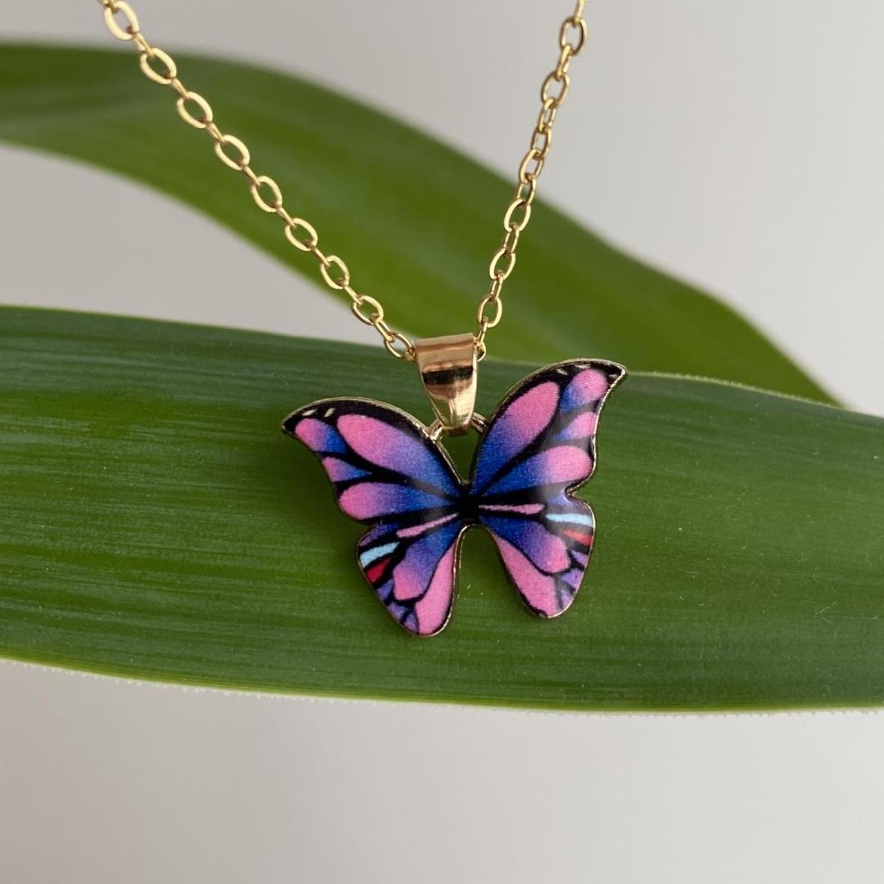 Pink And Blue Purple Butterfly Enamel Pendant Chain