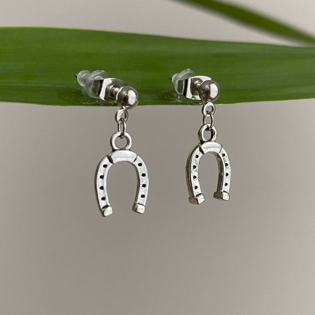 Western Horse Shoe Silver Dangle Stud Earrings