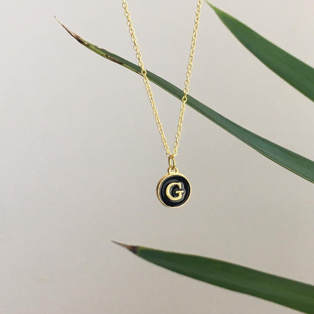 Letter G Initial Black Enamel Pendant Chain