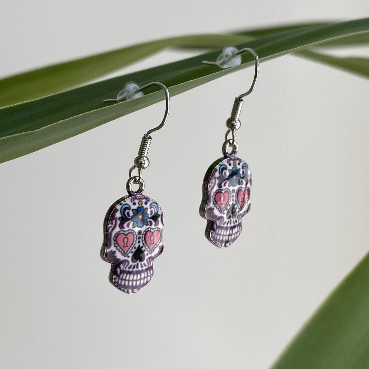 Cinco De Mayo Style Skull Enamel Dangle Earrings - Image 2