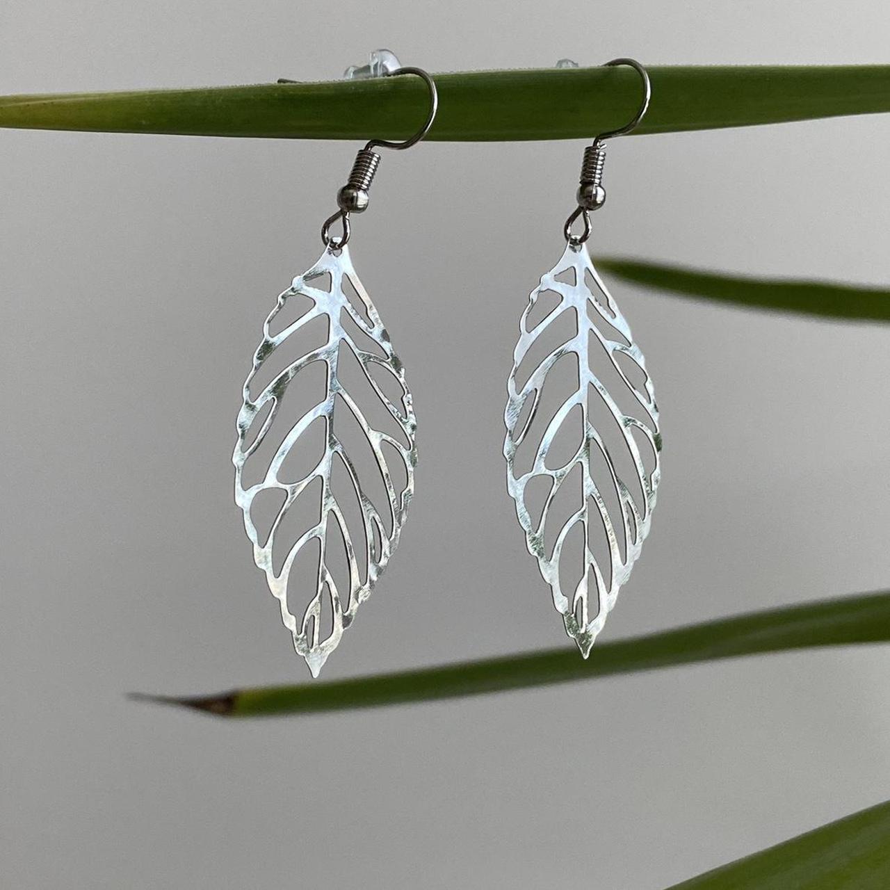 Large Silver Leaf Dangle Earrings 3 Sizes - Image 3