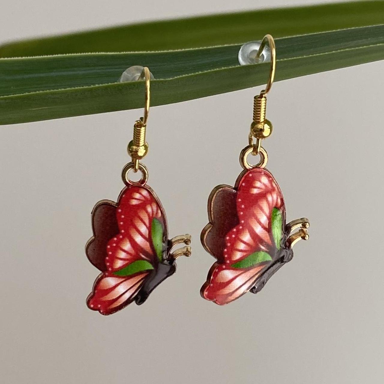 Red And Green Butterfly Enamel Dangle Earrings With