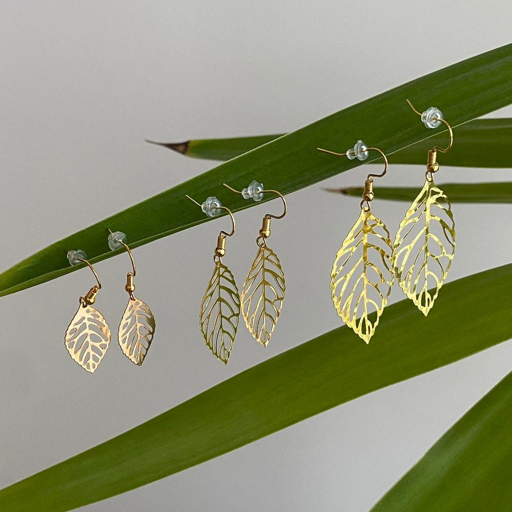 Large Gold Leaf Dangle Earrings 3 Sizes - Image 4