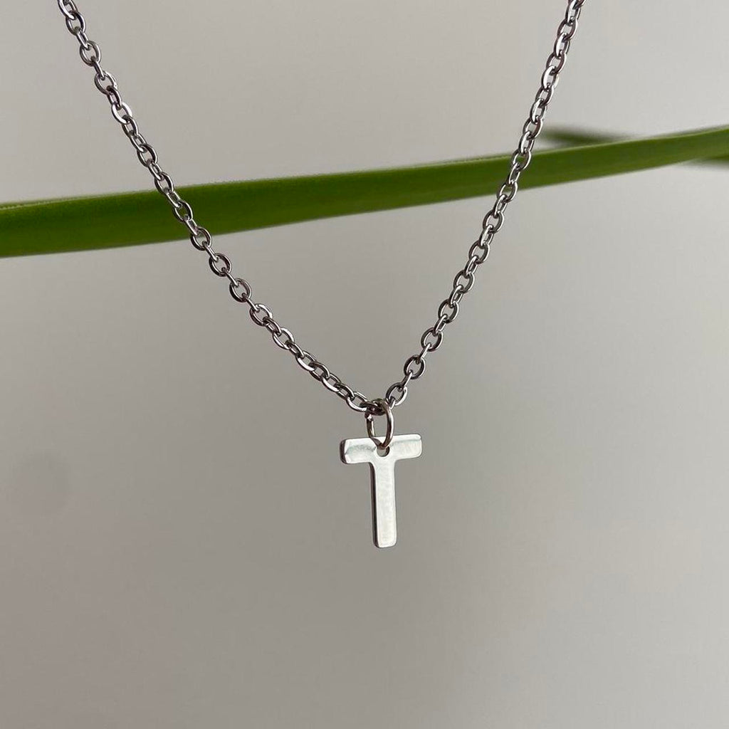 Silver Letter T Initial Pendant Chain Necklace