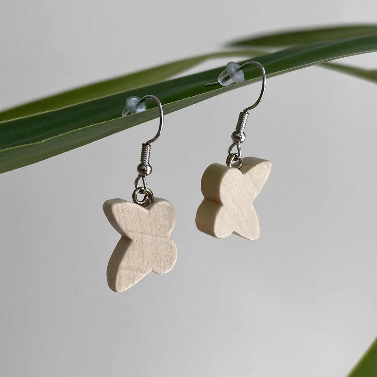 Wooden Butterfly Dangle Earrings With Silver - Image 4