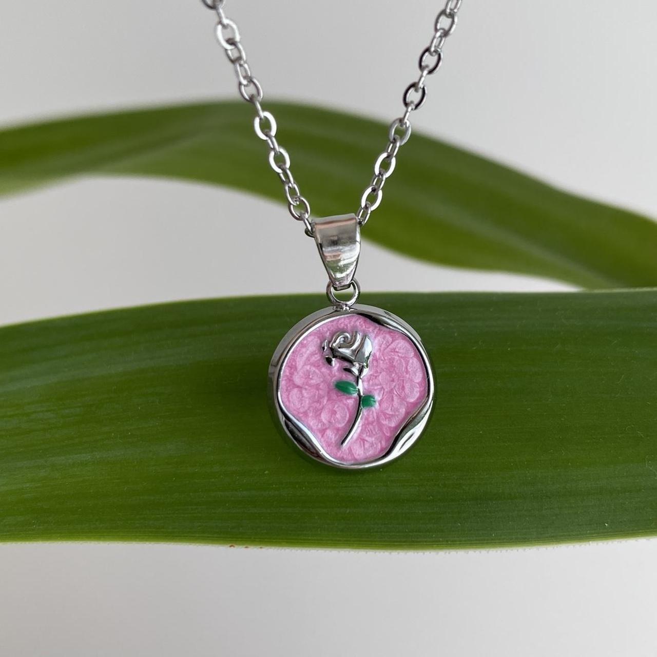 Pink Enamel Rose In Circle Pendant Chain Necklace - Image 5