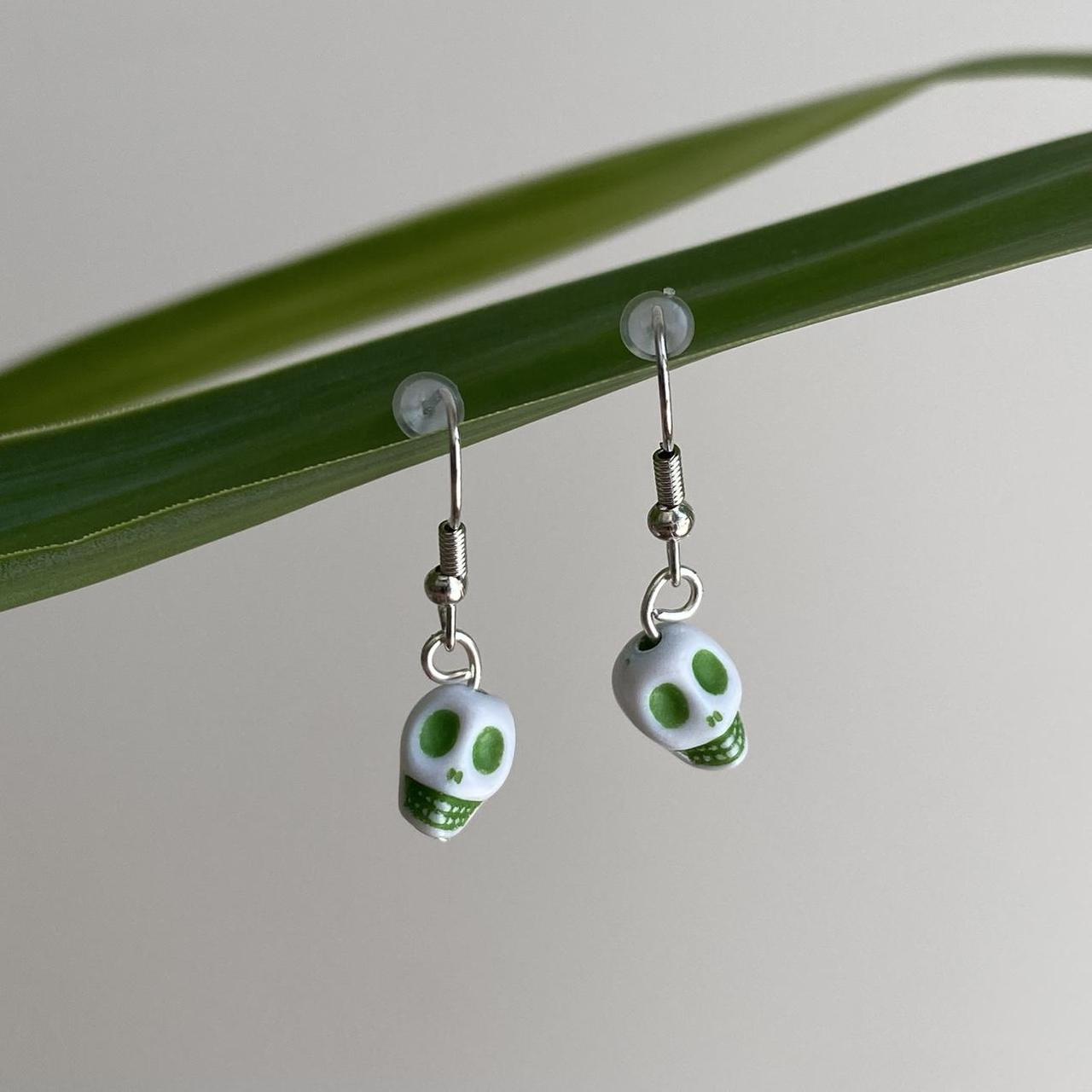 Cinco De Mayo White And Green Skull Dangle Earrings - Image 5