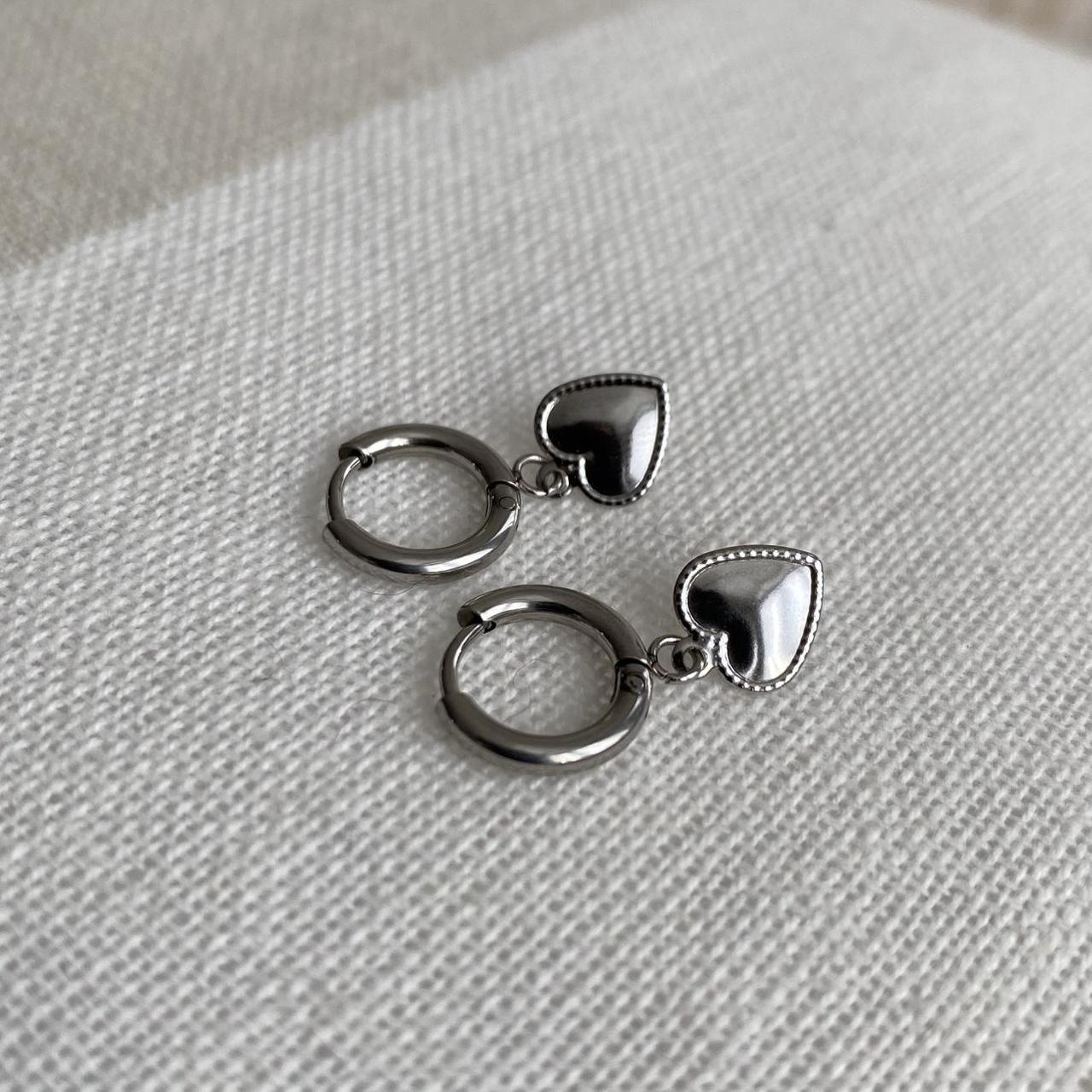Petite Silver Heart Dangle Hoop Earrings Also - Image 3