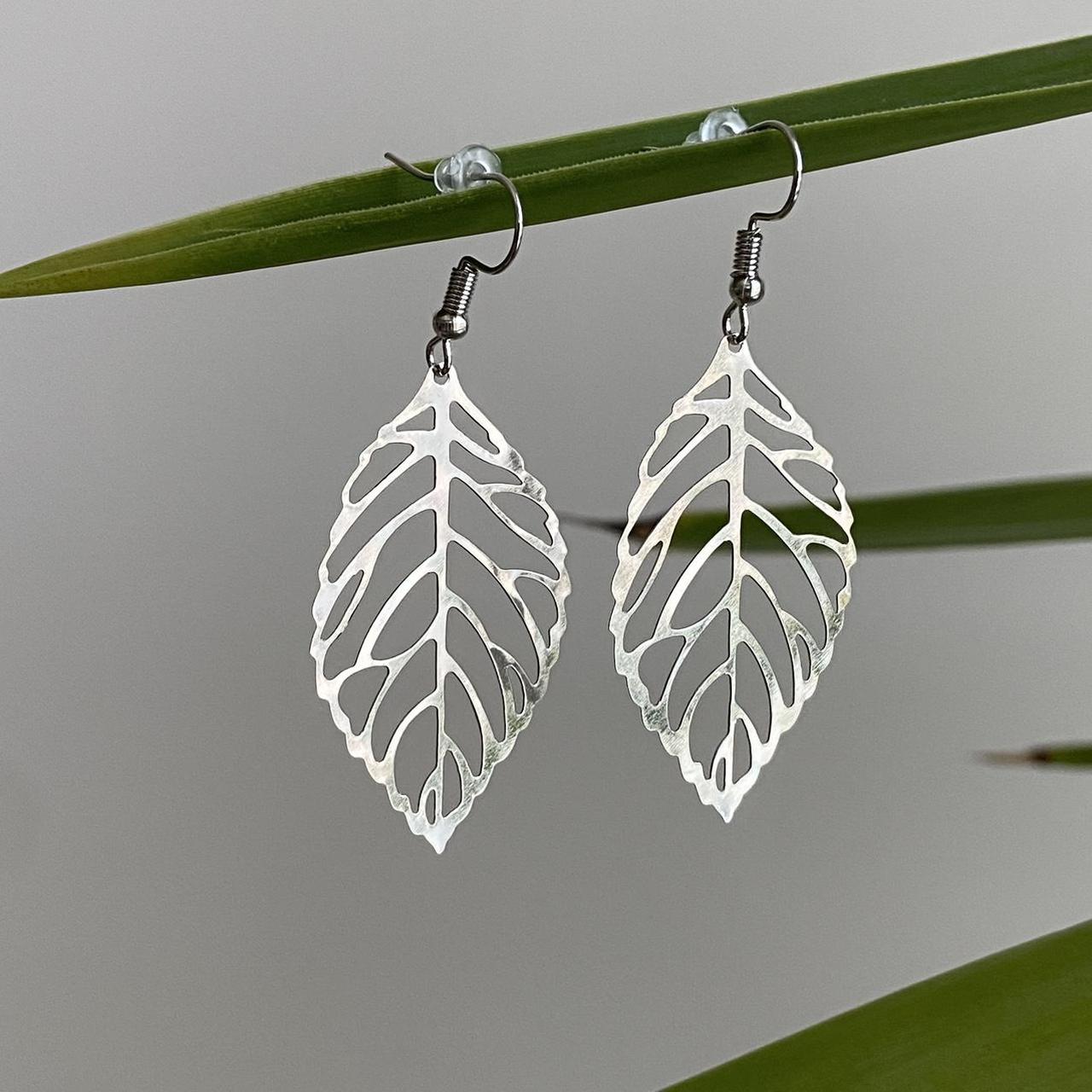 Large Silver Leaf Dangle Earrings 3 Sizes - Image 2