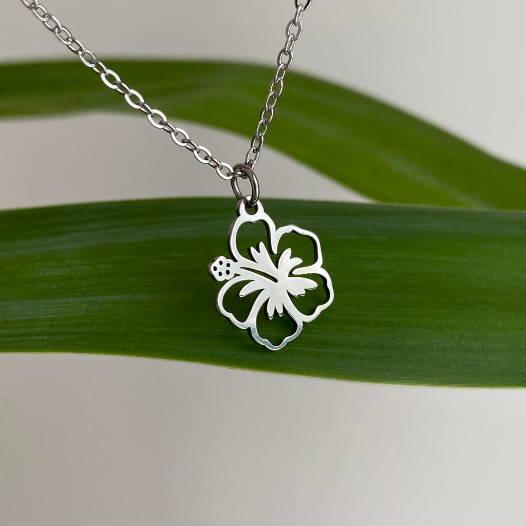 Tropical Silver Hibiscus Flower Pendant Chain - Image 3