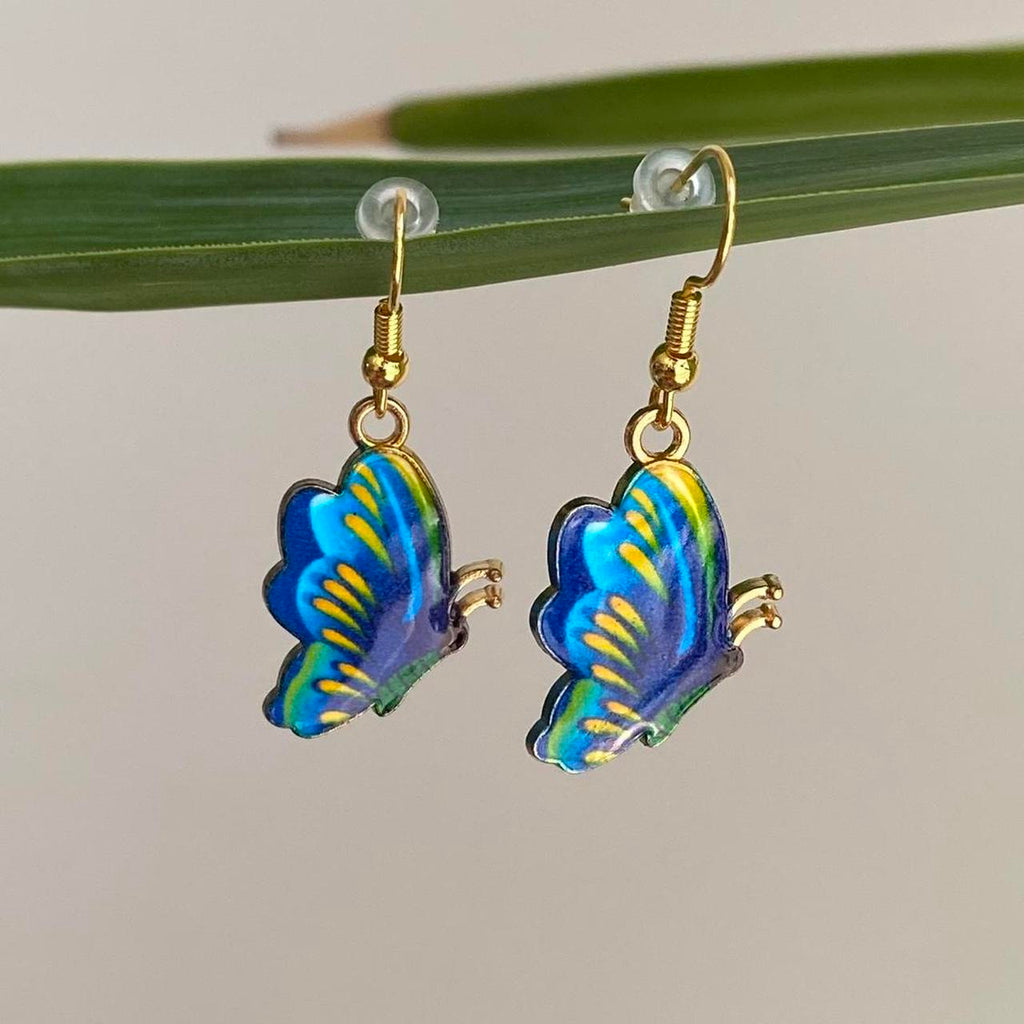 Blue Yellow Green Butterfly Enamel Dangle Earrings - Image 2