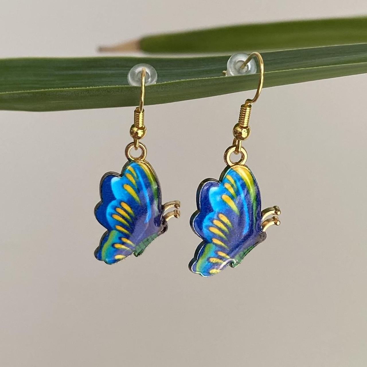 Blue Yellow Green Butterfly Enamel Dangle Earrings - Image 2