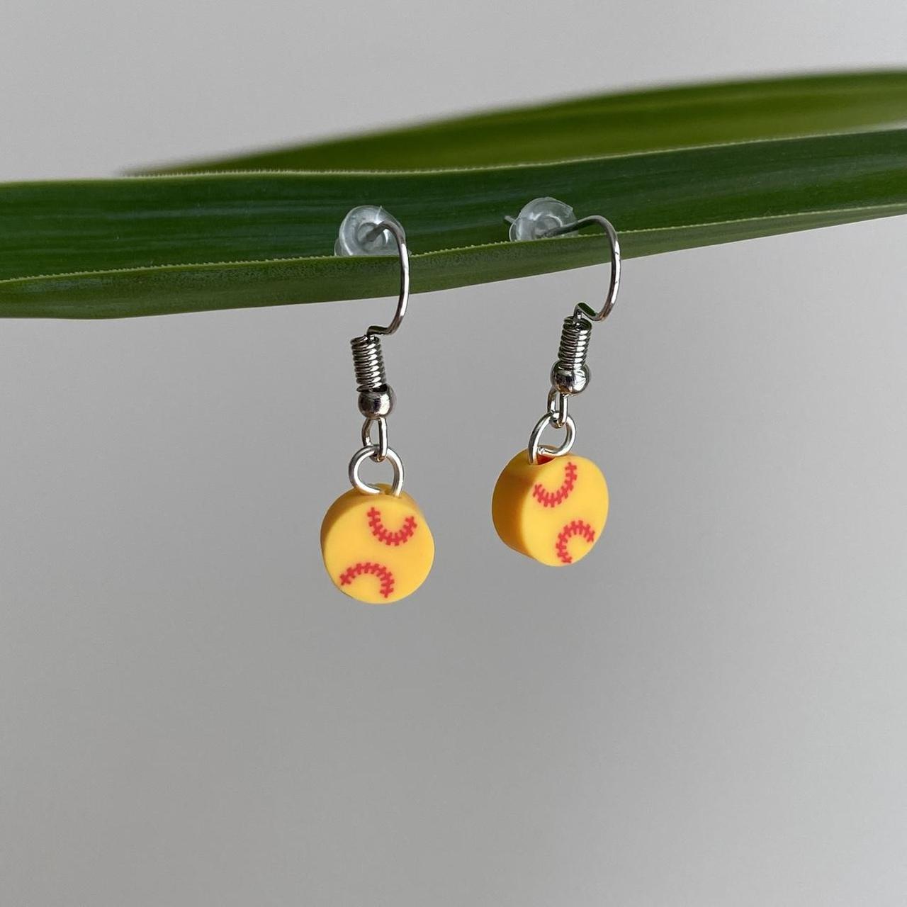 Softball Polymer Clay Dangle Earrings With Silver - Image 2