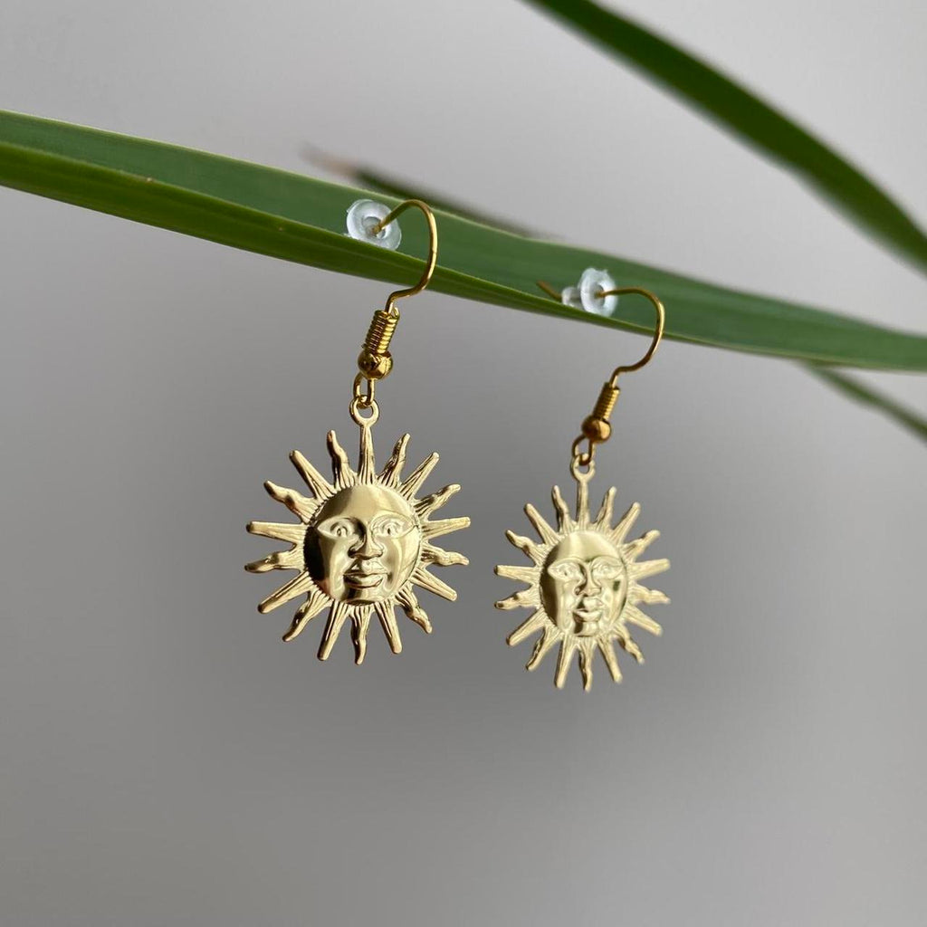 Gold Rising Sun Dangle Stud Earrings Also