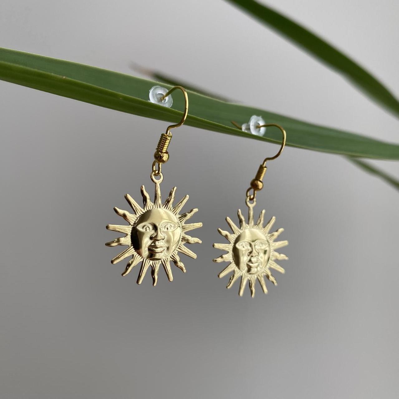 Gold Rising Sun Dangle Stud Earrings Also
