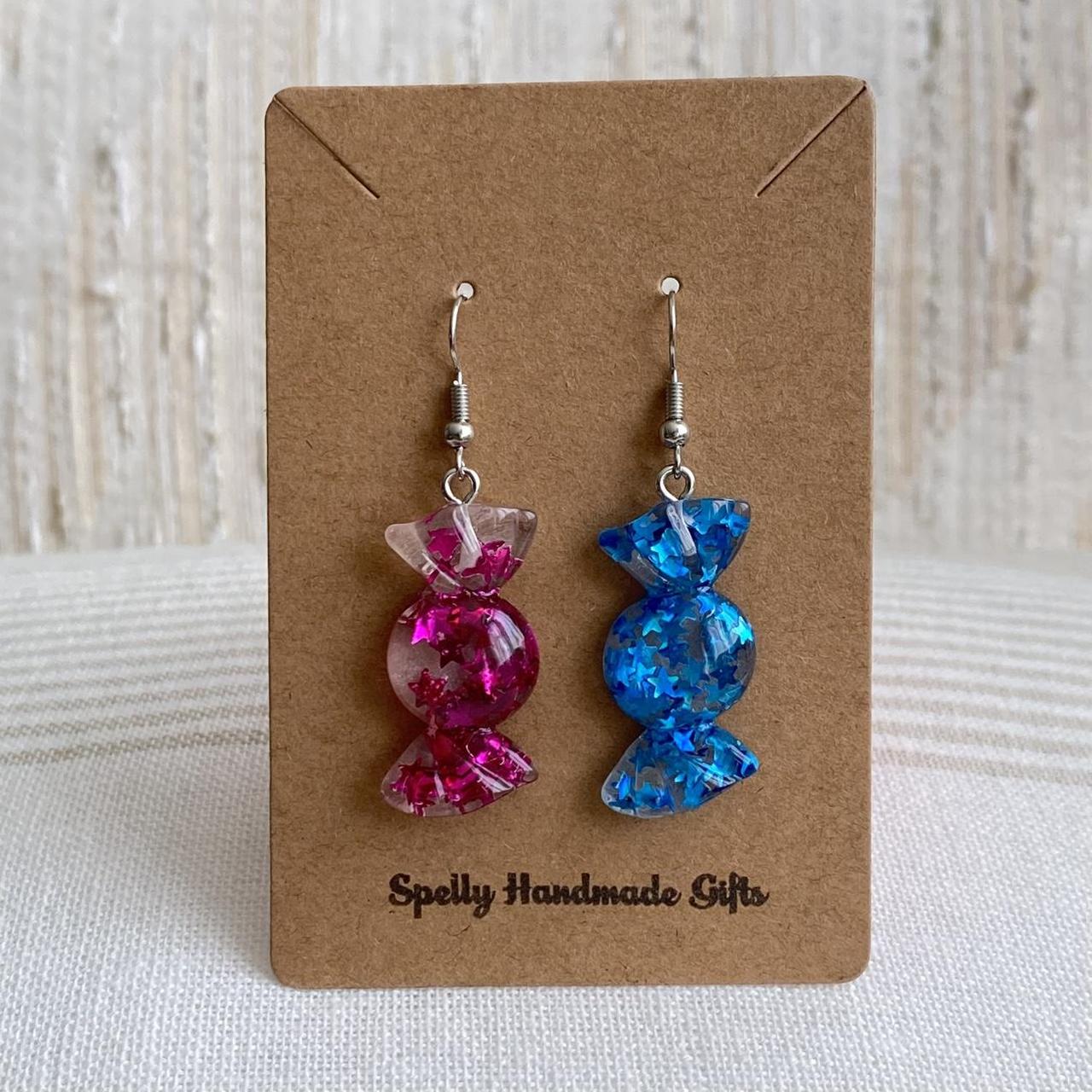 Sparkly Resin Pink And Blue Candy Dangle Earrings - Image 3