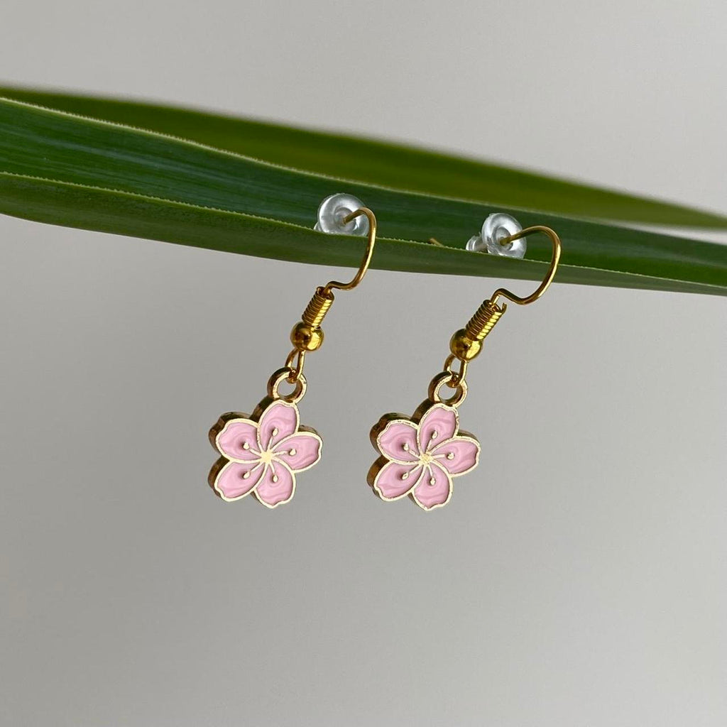 Pink Enamel Tropical Hibiscus Flower Dangle Earrings - Image 3