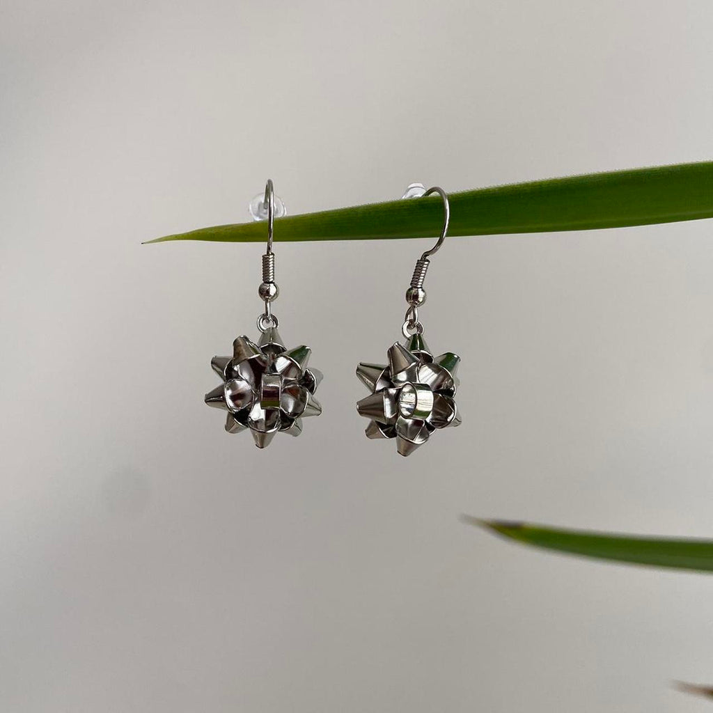 Cute Metallic Silver Gift Bow Dangle Earrings - Image 4