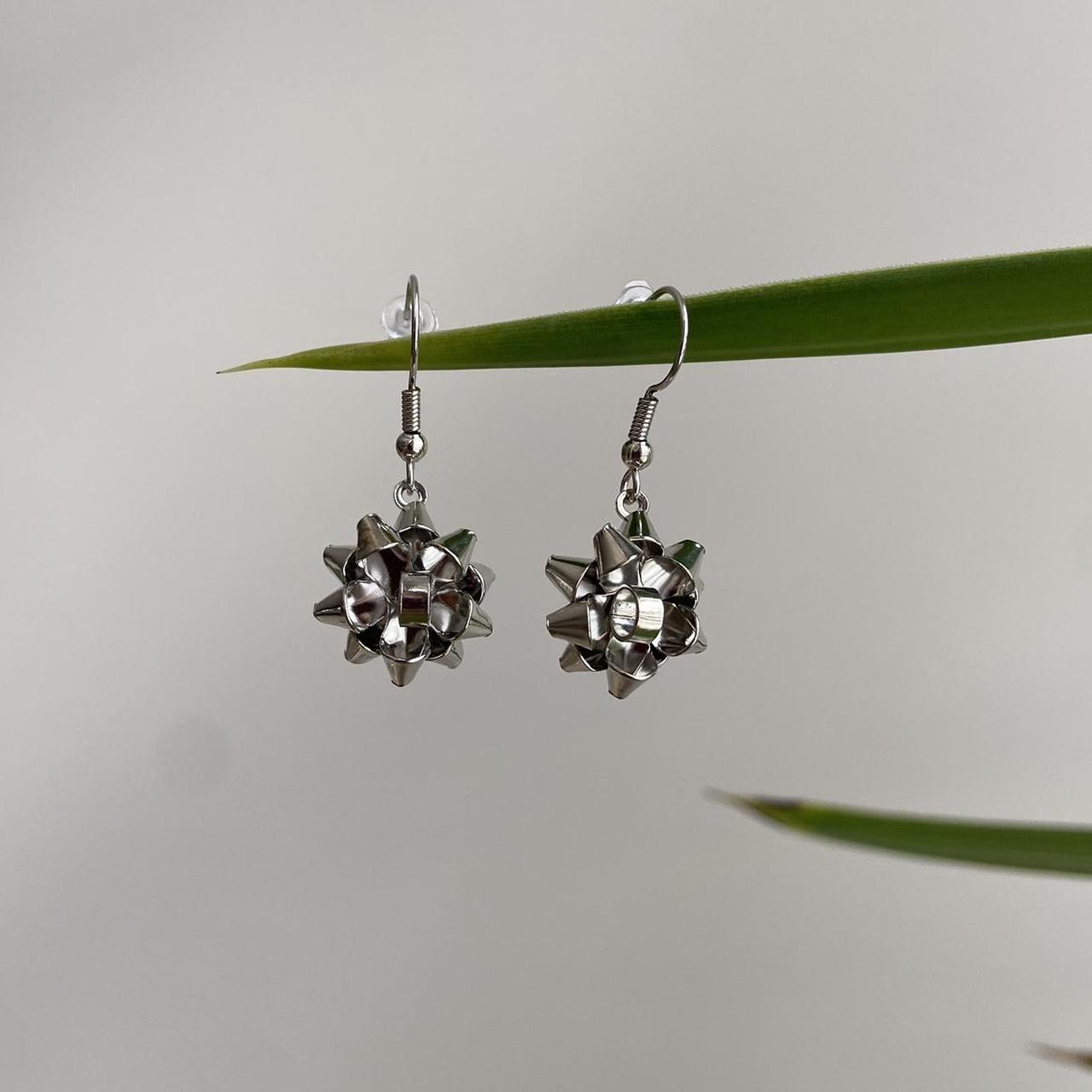 Cute Metallic Silver Gift Bow Dangle Earrings - Image 4