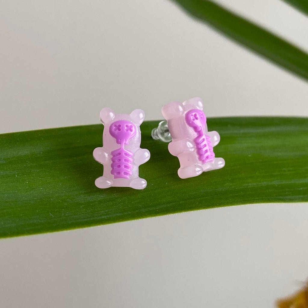 Pink Skeleton Gummy Bear X Ray Stud Earrings Hand