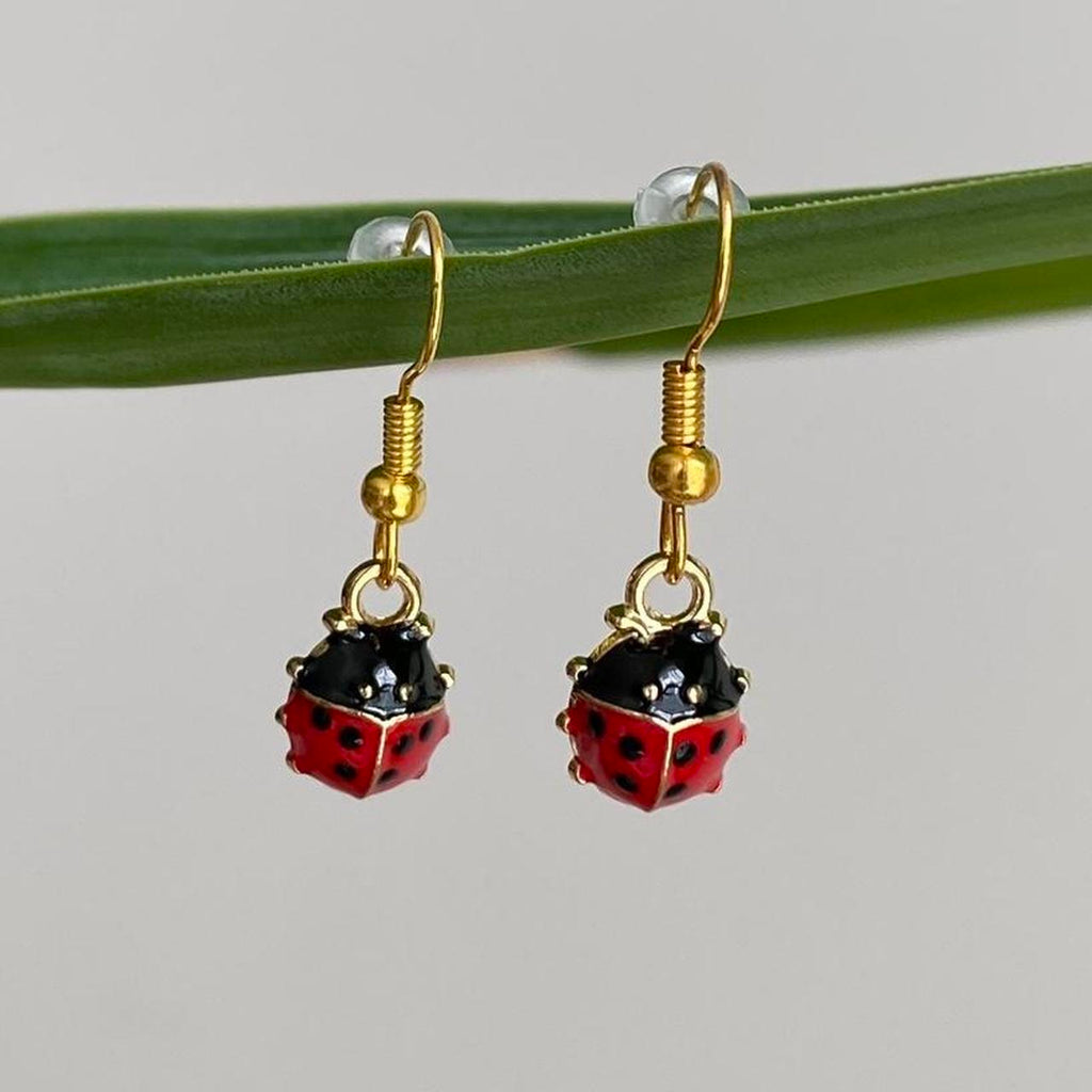 Red Ladybug Dangle Earrings With Gold Accents