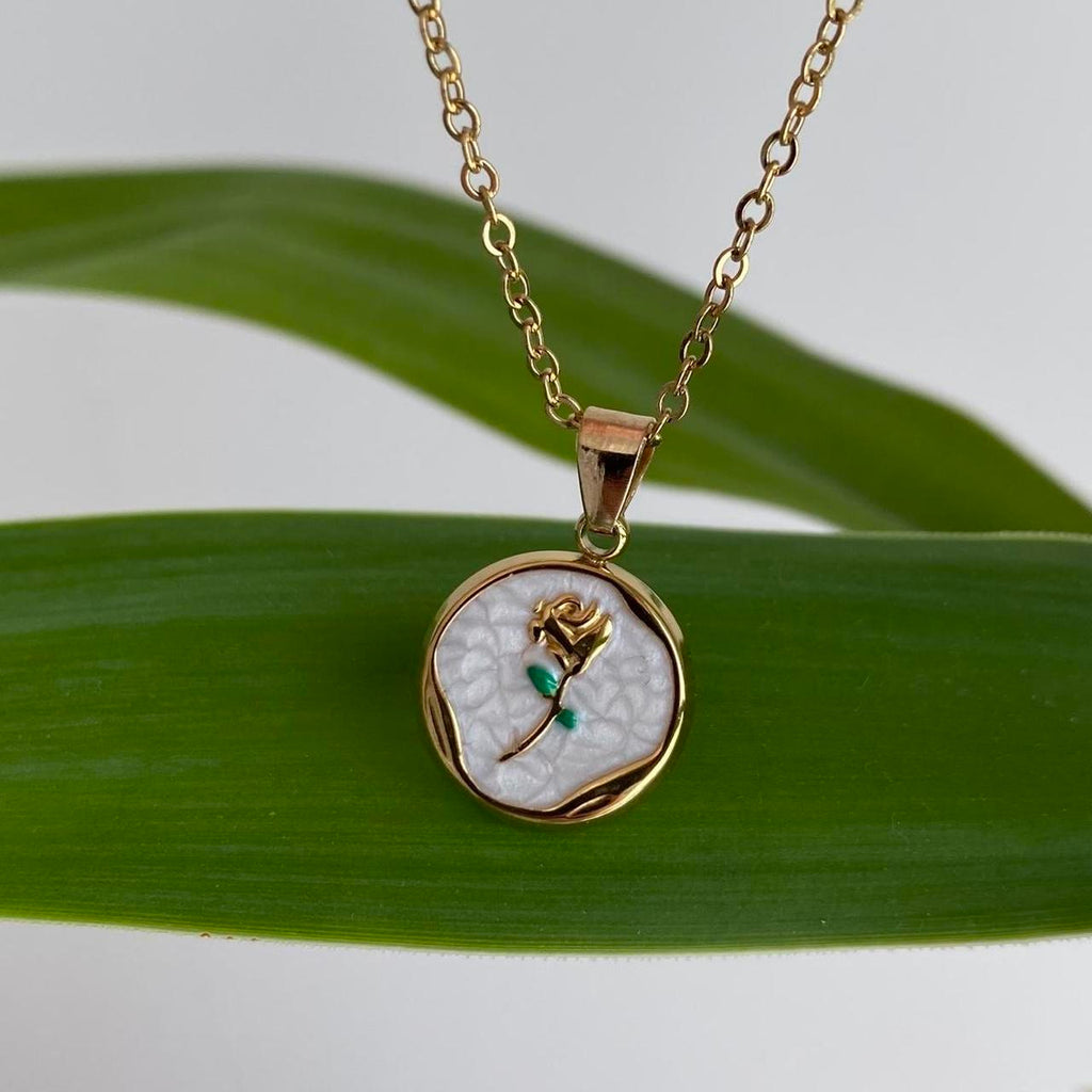 White Enamel Rose In Circle Pendant Chain Necklace - Image 6