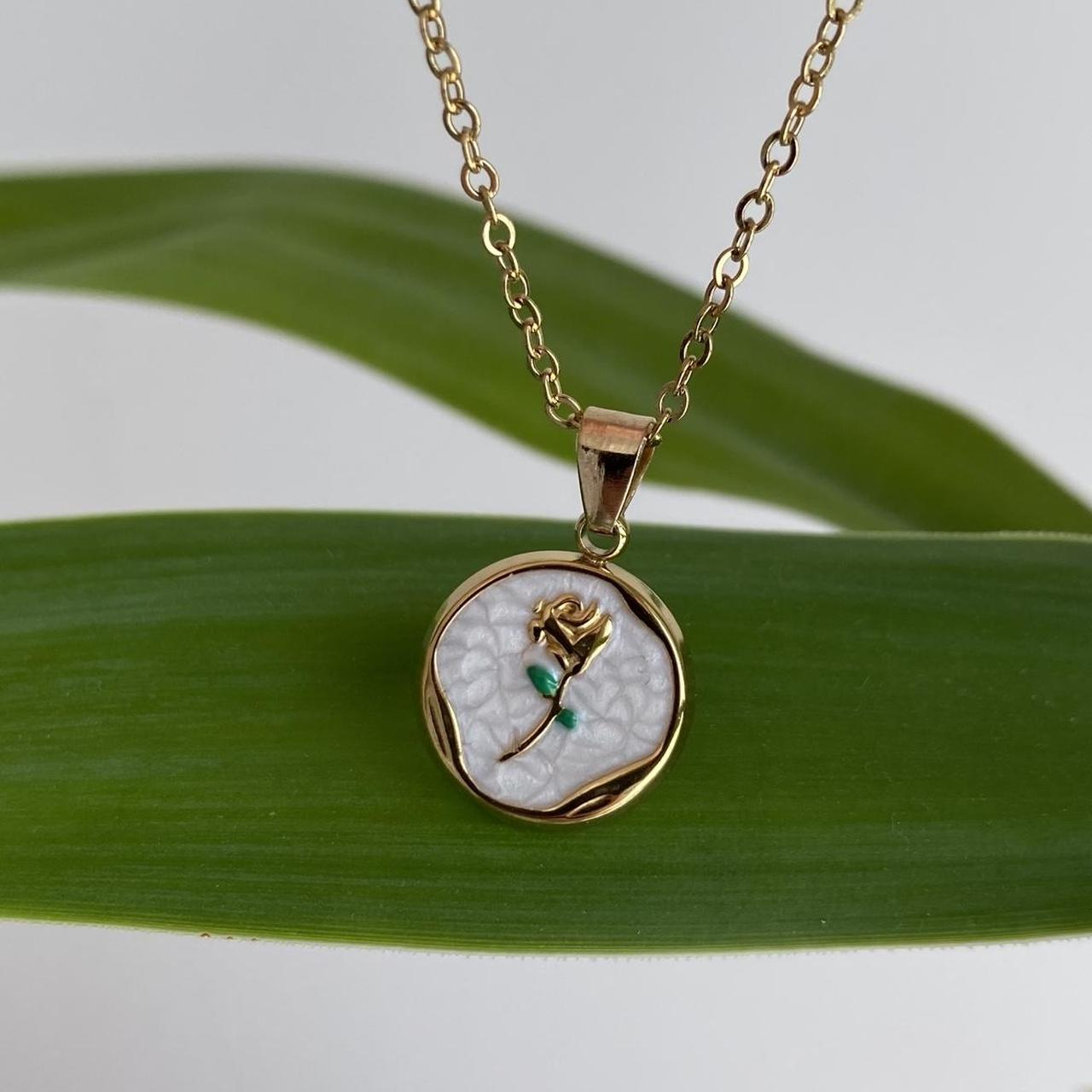 White Enamel Rose In Circle Pendant Chain Necklace - Image 6