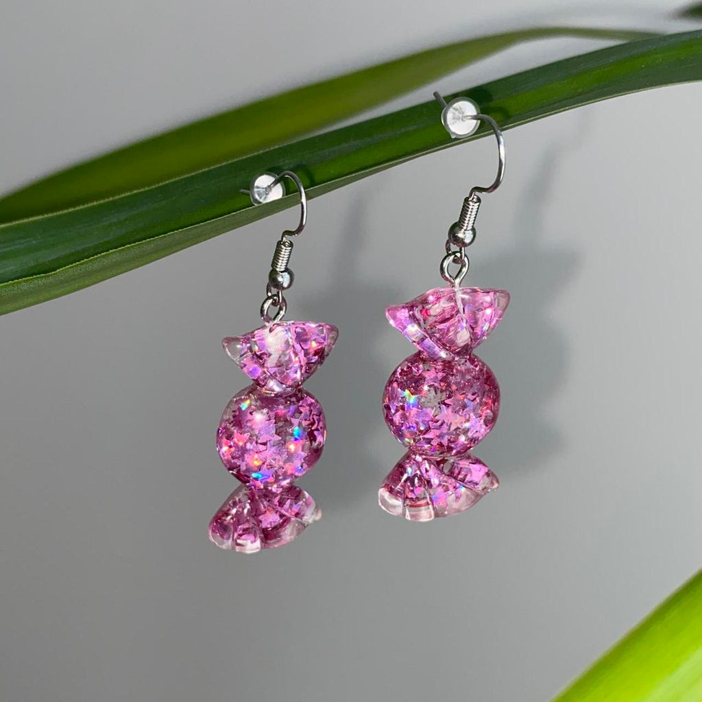 Sparkly Resin Pink Candy Dangle Earrings With Silver - Image 2