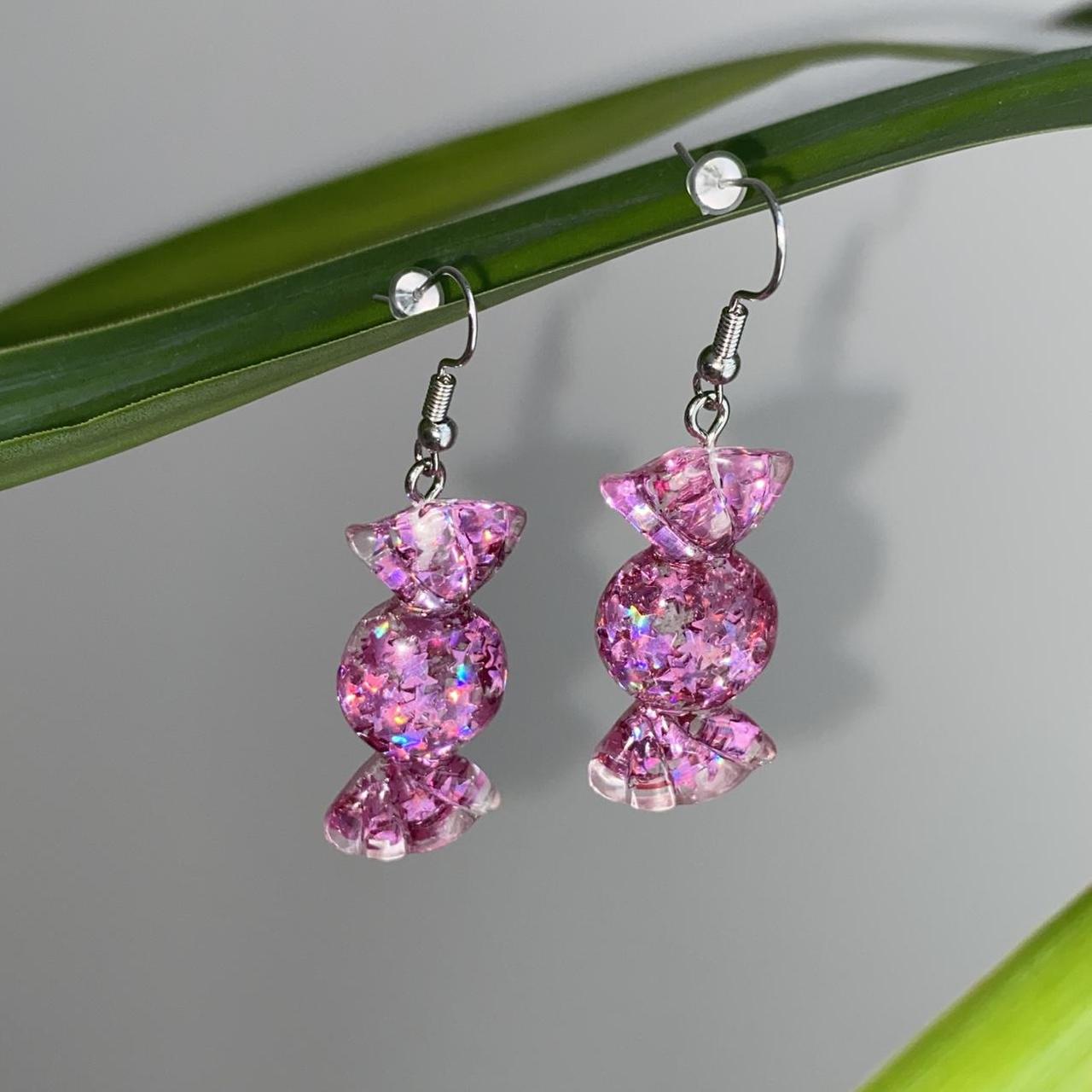 Sparkly Resin Pink Candy Dangle Earrings With Silver - Image 2