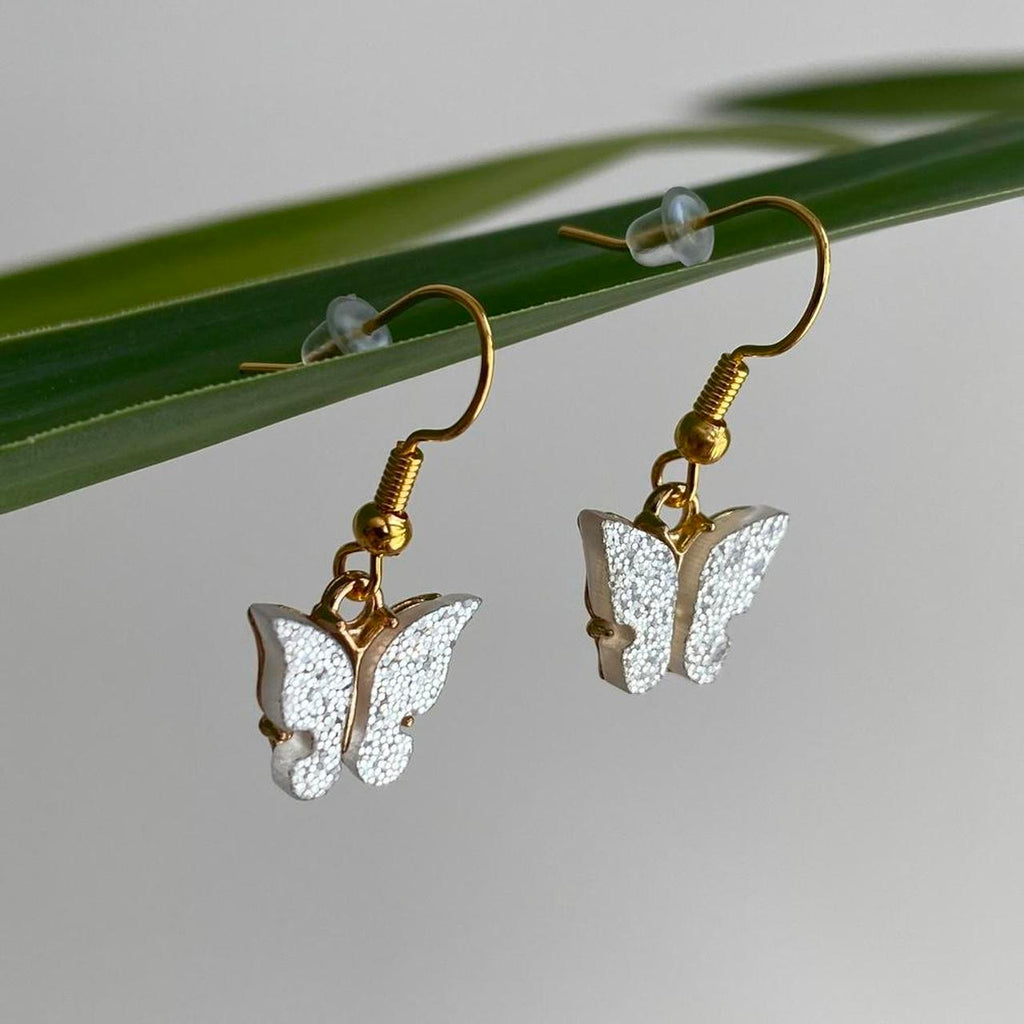 Silver Sparkle Butterfly Dangle Earrings With Gold