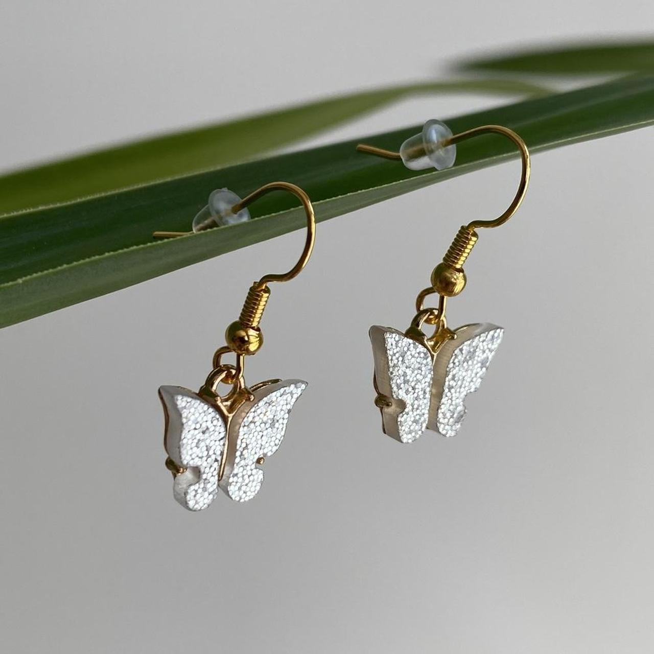 Silver Sparkle Butterfly Dangle Earrings With Gold