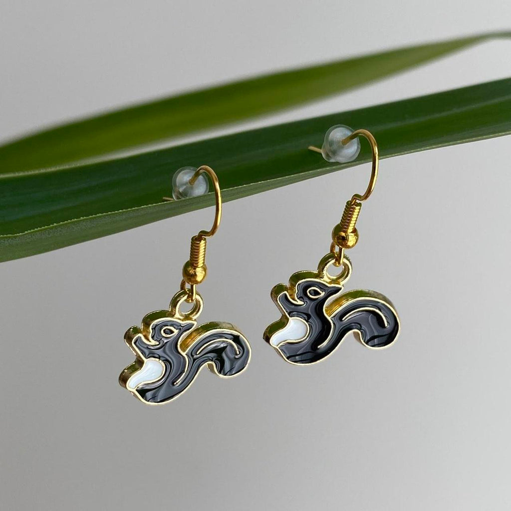 Black Squirrel Enamel Dangle Earrings With Gold - Image 2
