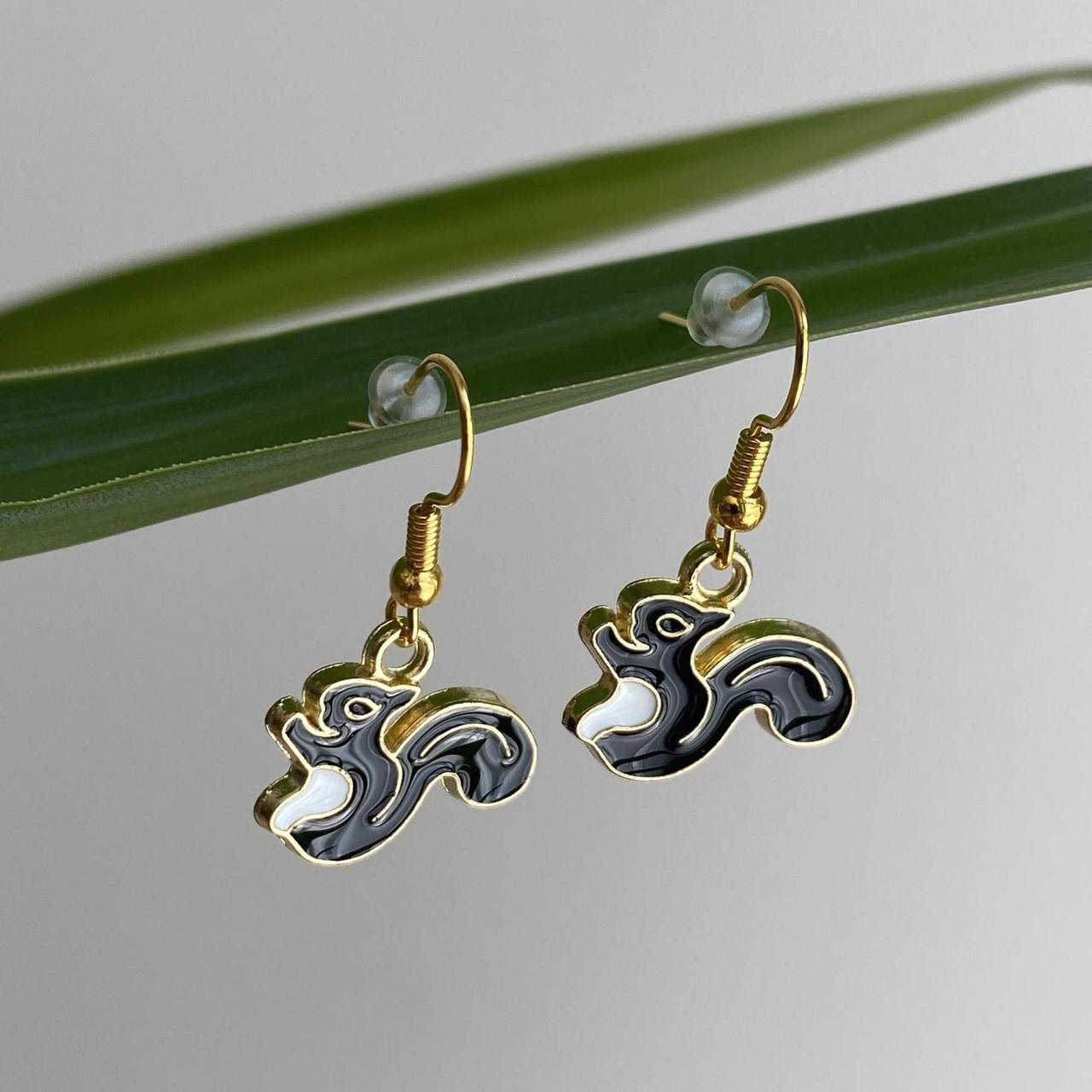 Black Squirrel Enamel Dangle Earrings With Gold - Image 2