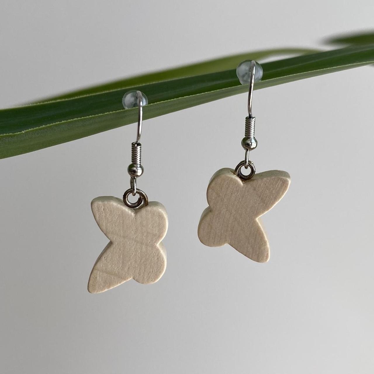 Wooden Butterfly Dangle Earrings With Silver - Image 2