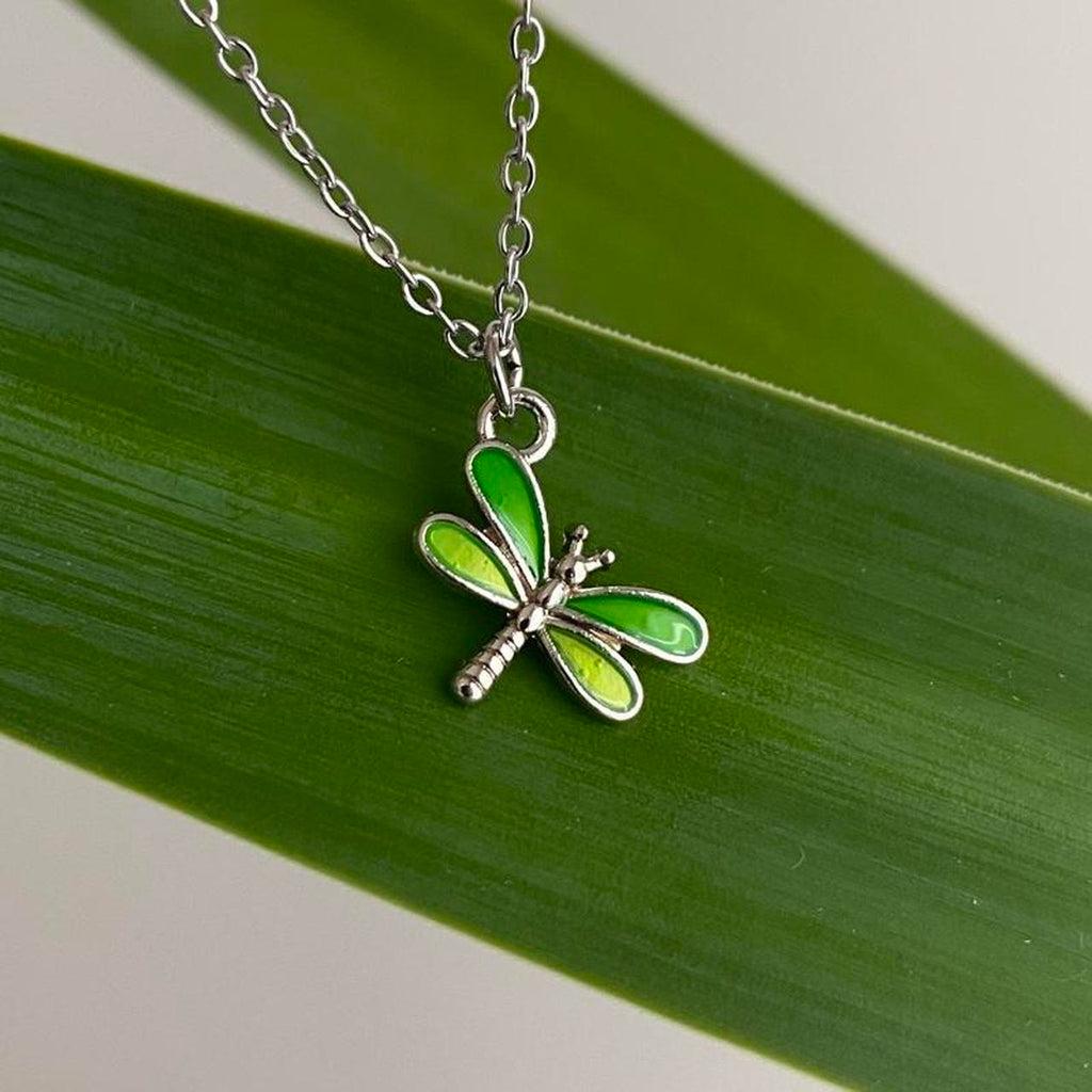 Green Enamel Dragonfly Pendant Chain Necklace With