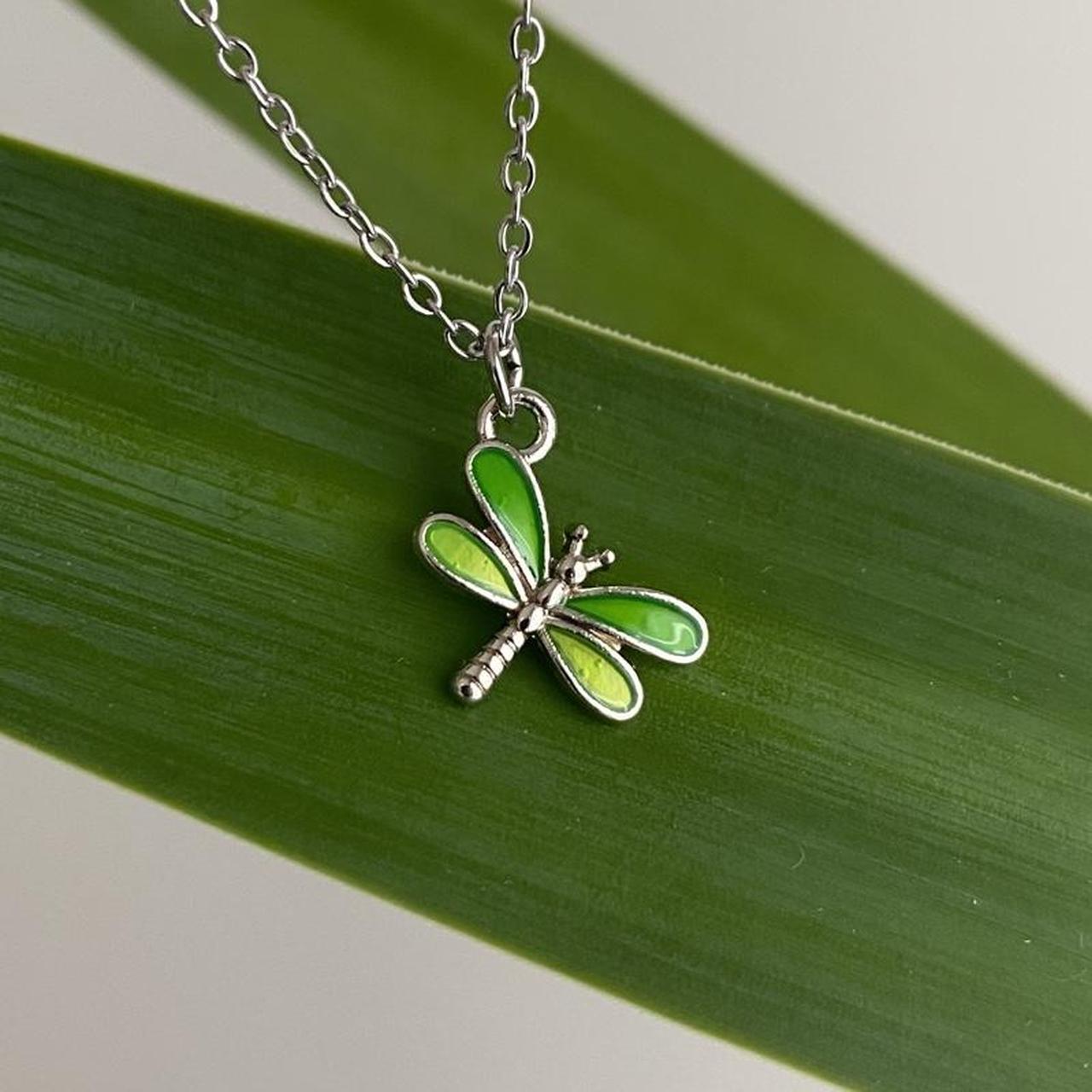 Green Enamel Dragonfly Pendant Chain Necklace With